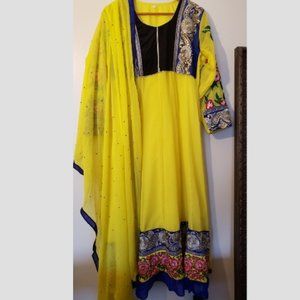 Royal Blue and Yellow Long Sleeve Anarkali Style Dress
